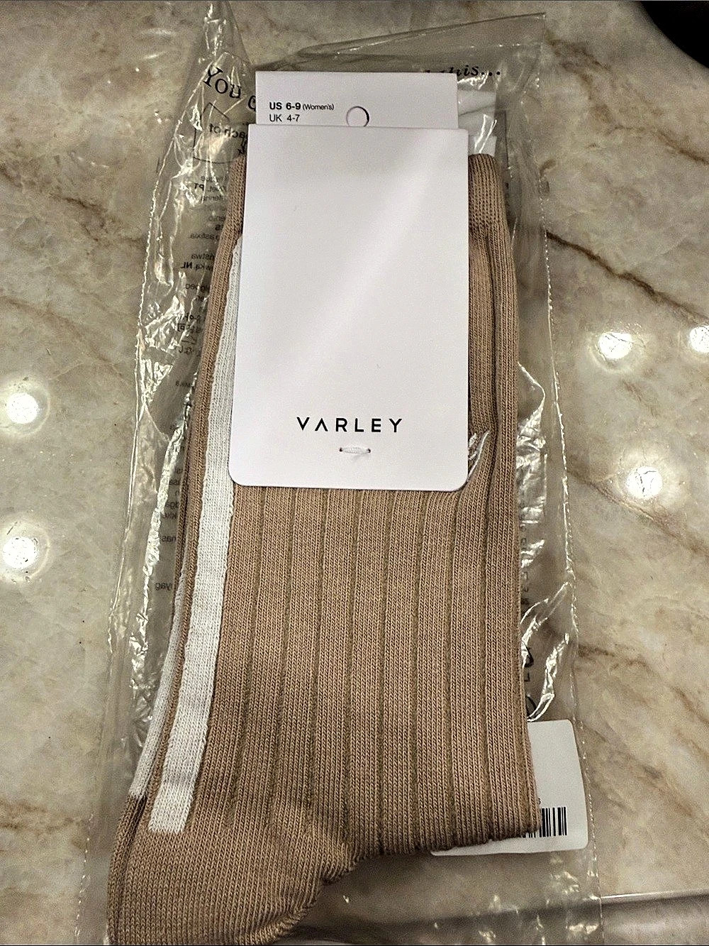 TWO Varley Ivan Light Rib Sock Ribbed Socks in tan & Whi Size S/M (shoe 6-9)NWT.